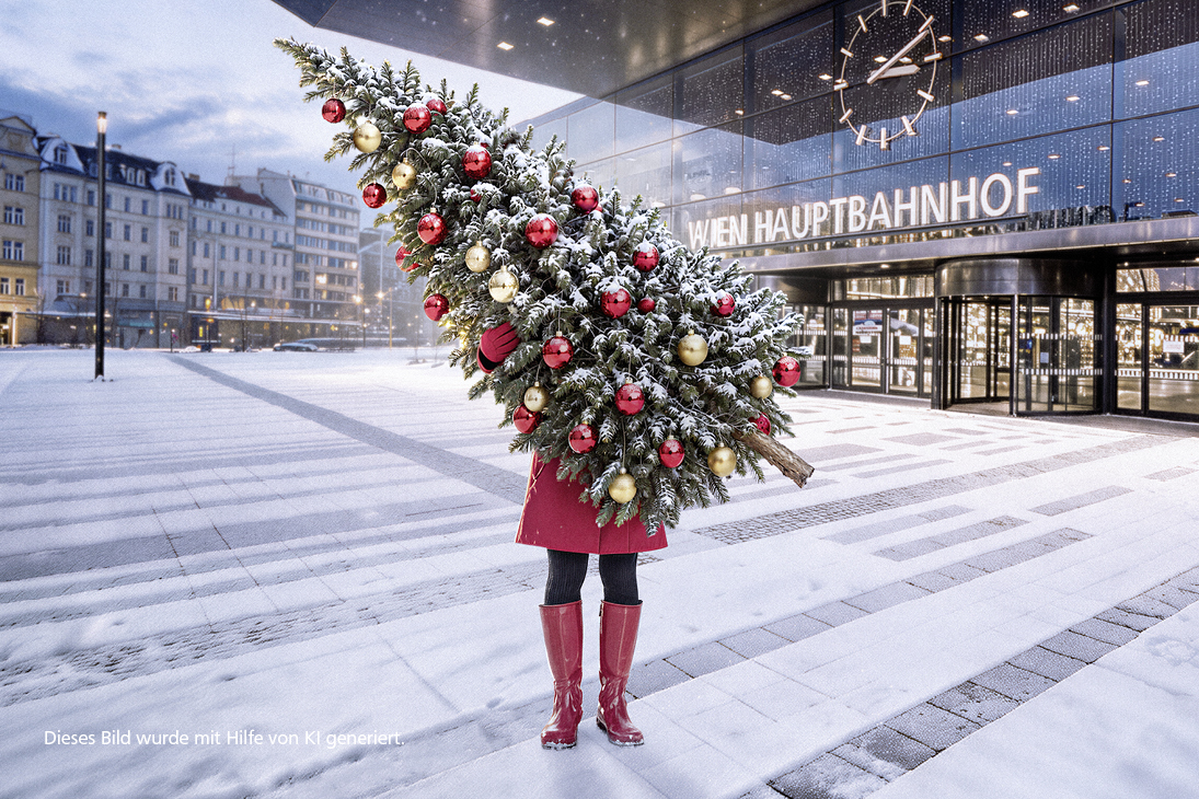 Vorplatz Hauptbahnhof Wien, auf dem eine Frau steht, die einen Weihnachtsbaum trägt